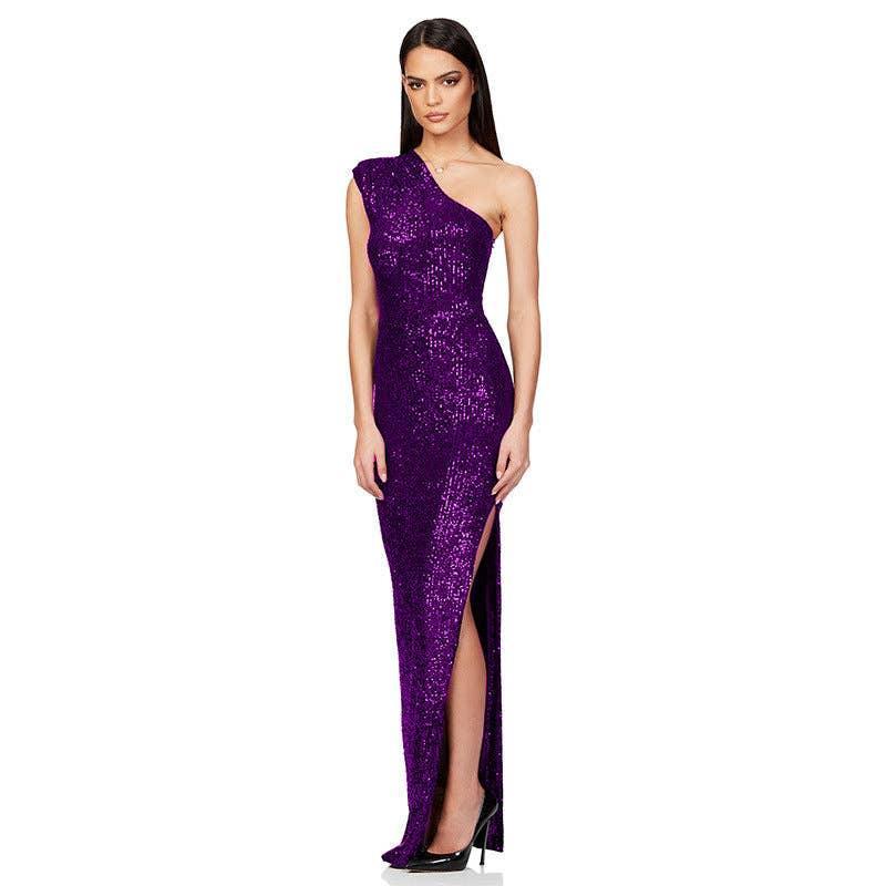 Ladies One Shoulder Sequin Sleeveless Maxi Dress R9174 - SWEETKAMA