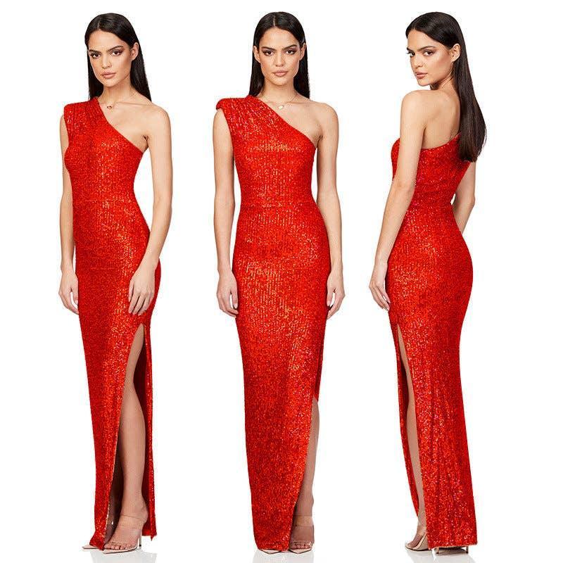 Ladies One Shoulder Sequin Sleeveless Maxi Dress R9174 - SWEETKAMA