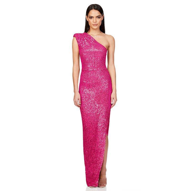 Ladies One Shoulder Sequin Sleeveless Maxi Dress R9174 - SWEETKAMA