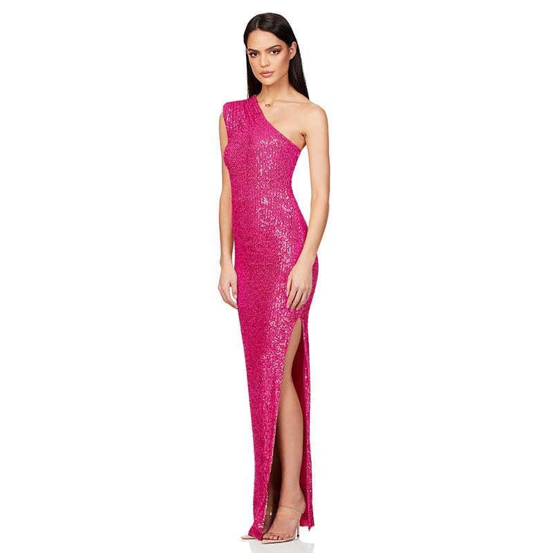 Ladies One Shoulder Sequin Sleeveless Maxi Dress R9174 - SWEETKAMA