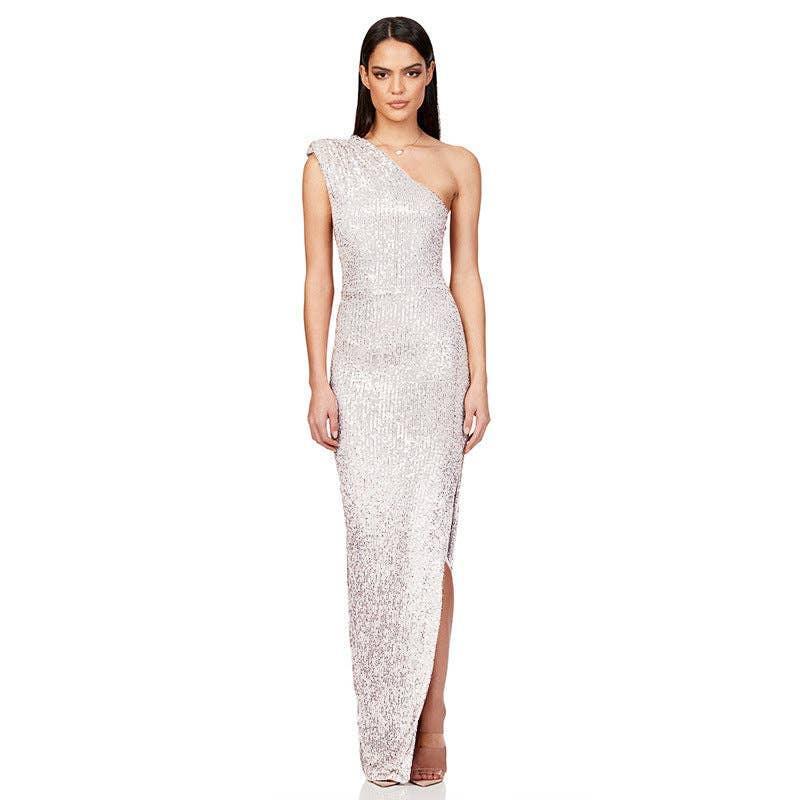 Ladies One Shoulder Sequin Sleeveless Maxi Dress R9174 - SWEETKAMA