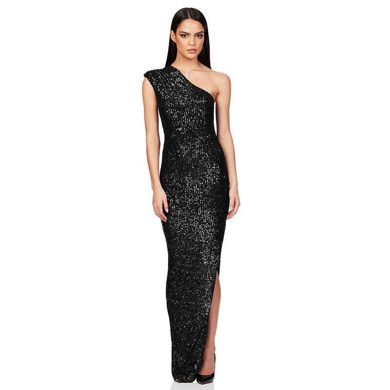 Ladies One Shoulder Sequin Sleeveless Maxi Dress R9174 - SWEETKAMA