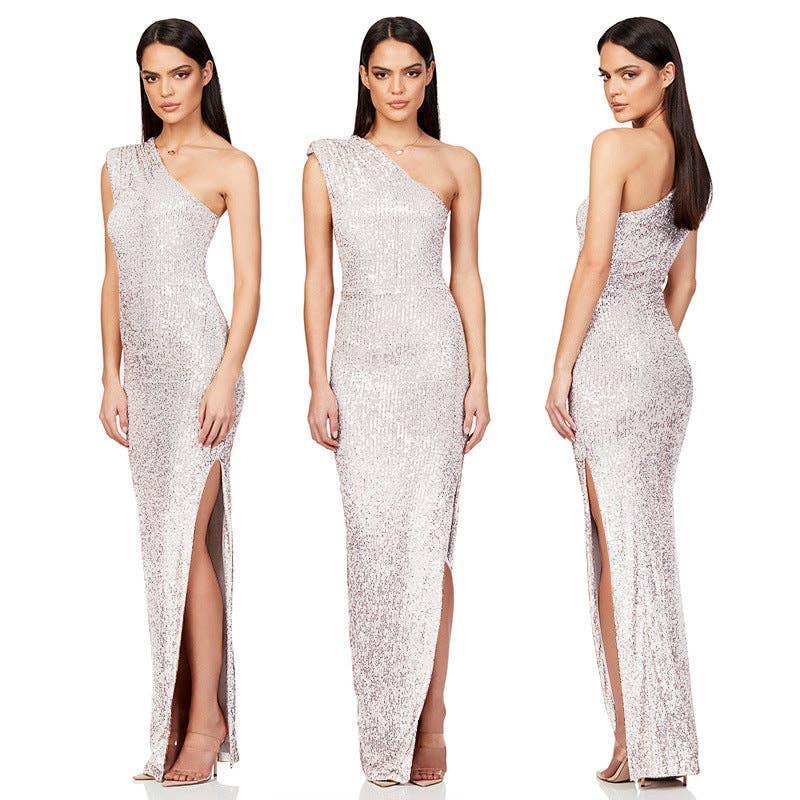 Ladies One Shoulder Sequin Sleeveless Maxi Dress R9174 - SWEETKAMA
