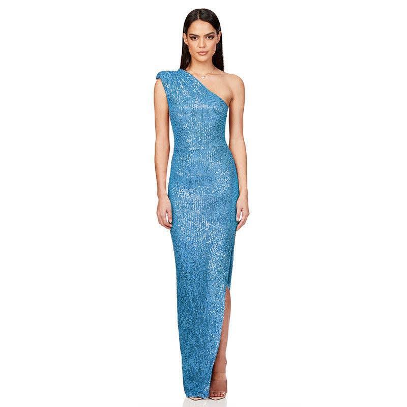Ladies One Shoulder Sequin Sleeveless Maxi Dress R9174 - SWEETKAMA