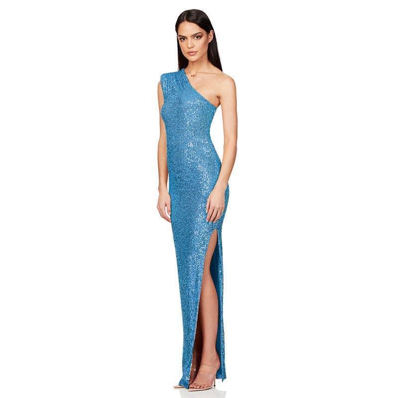 Ladies One Shoulder Sequin Sleeveless Maxi Dress R9174 - SWEETKAMA