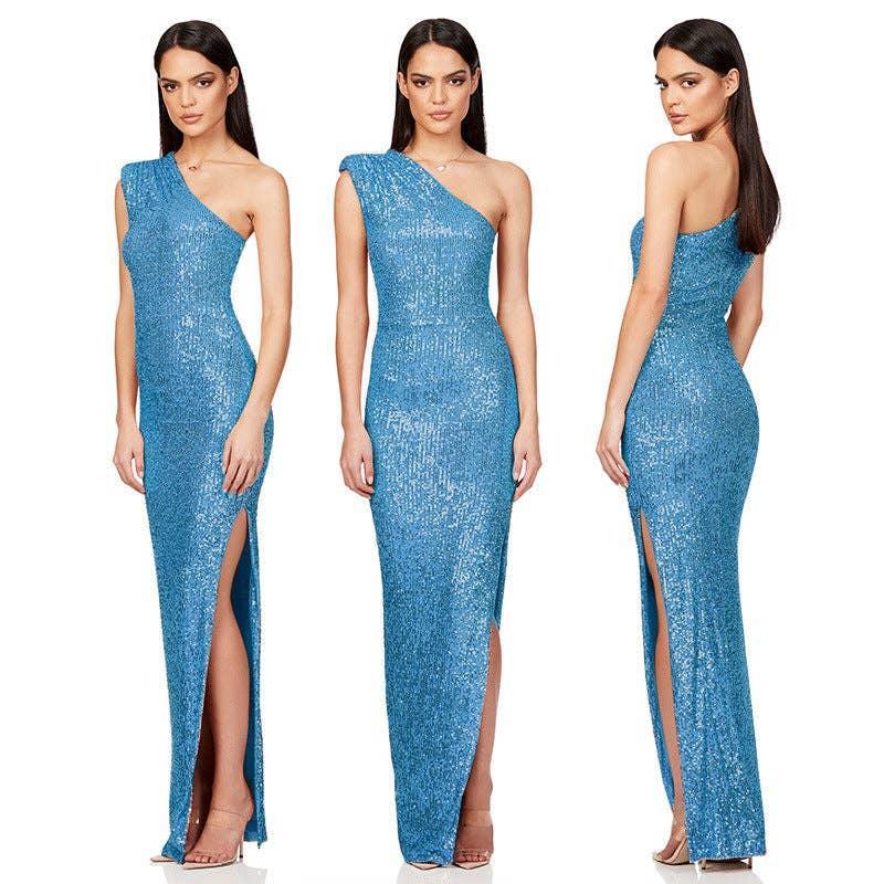 Ladies One Shoulder Sequin Sleeveless Maxi Dress R9174 - SWEETKAMA