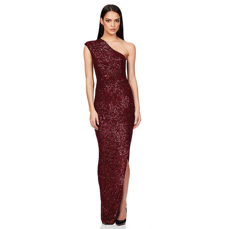 Ladies One Shoulder Sequin Sleeveless Maxi Dress R9174 - SWEETKAMA