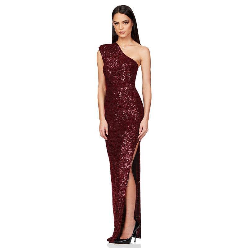 Ladies One Shoulder Sequin Sleeveless Maxi Dress R9174 - SWEETKAMA