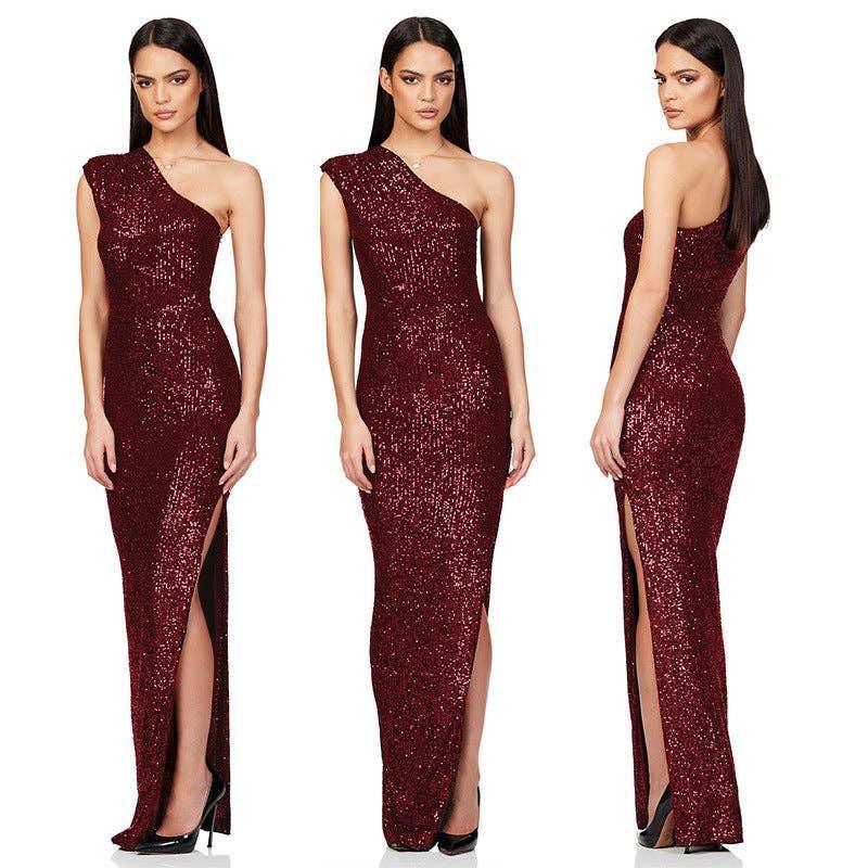 Ladies One Shoulder Sequin Sleeveless Maxi Dress R9174 - SWEETKAMA