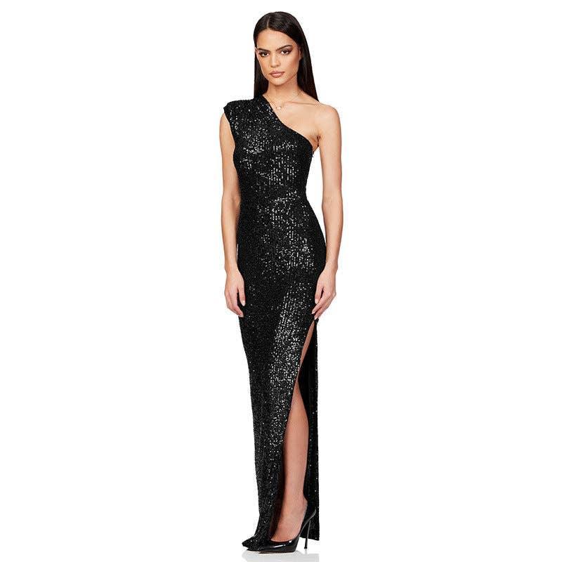 Ladies One Shoulder Sequin Sleeveless Maxi Dress R9174 - SWEETKAMA
