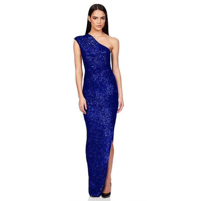 Ladies One Shoulder Sequin Sleeveless Maxi Dress R9174 - SWEETKAMA