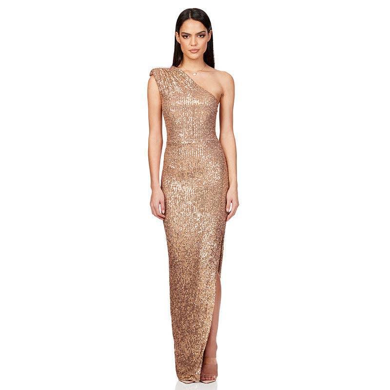 Ladies One Shoulder Sequin Sleeveless Maxi Dress R9174 - SWEETKAMA