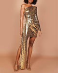 Ladies One Shoulder Slim-Fit Sequined Short Dress YH0028 - SWEETKAMA