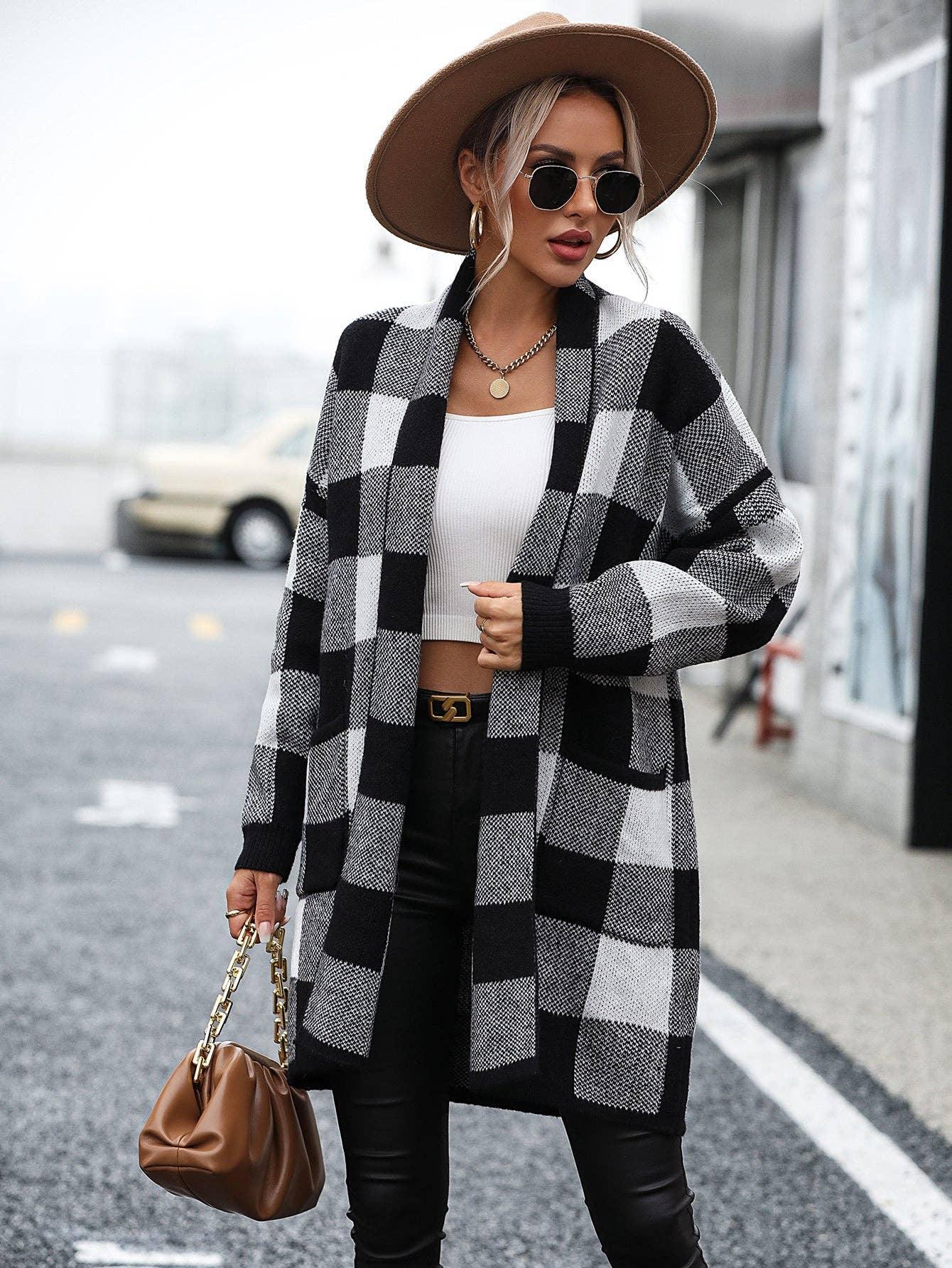 Ladies Plaid Daily Short Knit Cardigan E2310 - SWEETKAMA