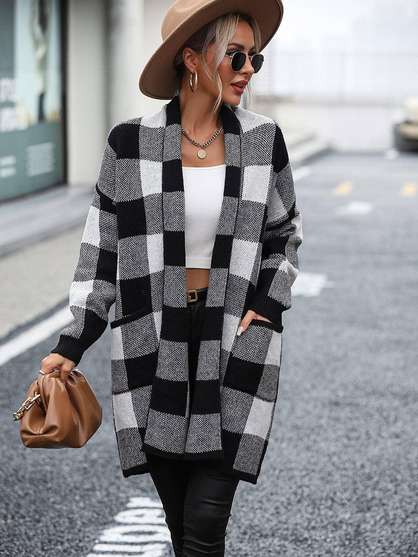 Ladies Plaid Daily Short Knit Cardigan E2310 - SWEETKAMA