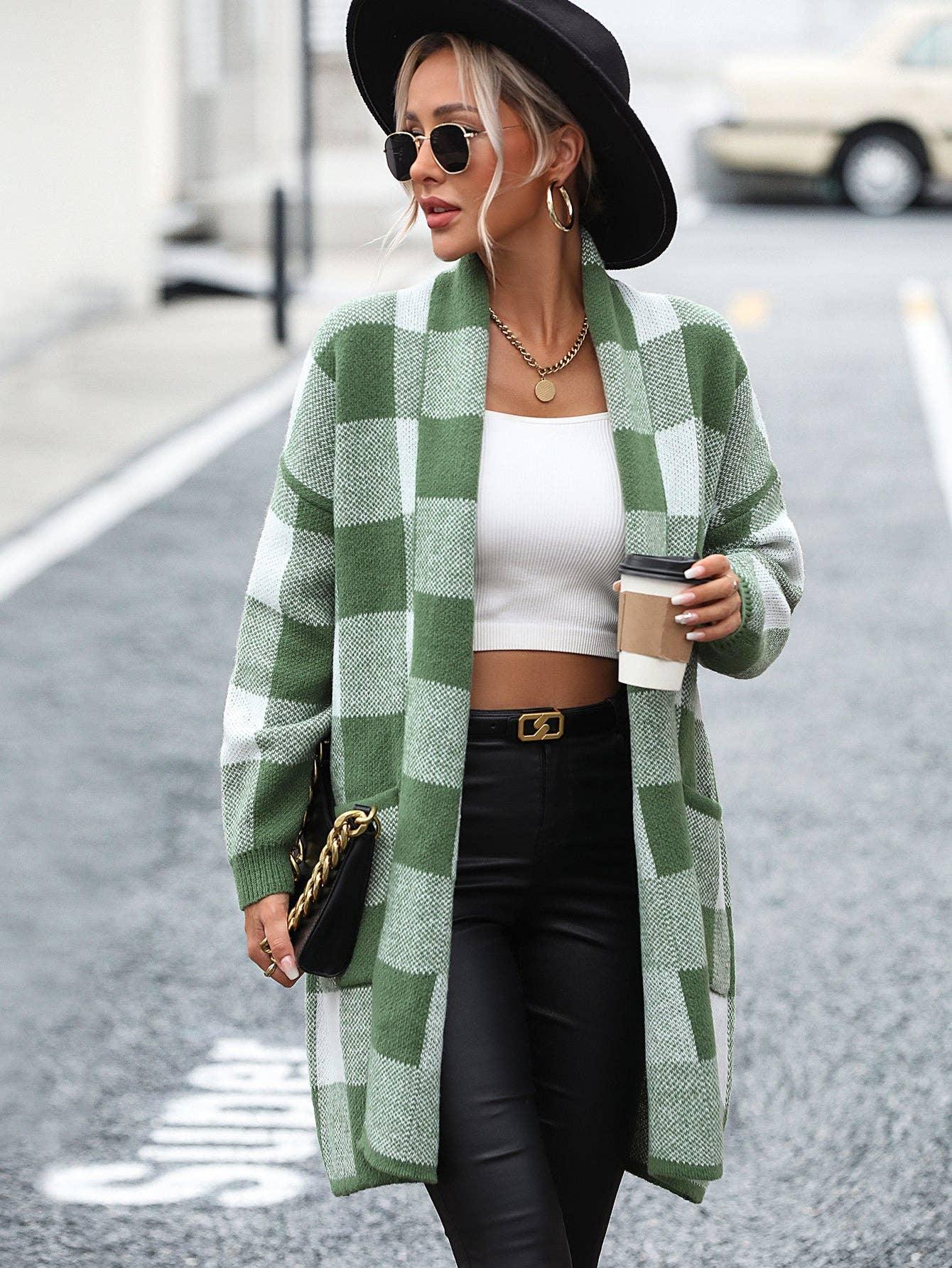 Ladies Plaid Daily Short Knit Cardigan E2310 - SWEETKAMA
