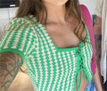 Ladies Plaid Short Sleeves Square Neck Knit Crop Top 0512 - SWEETKAMA
