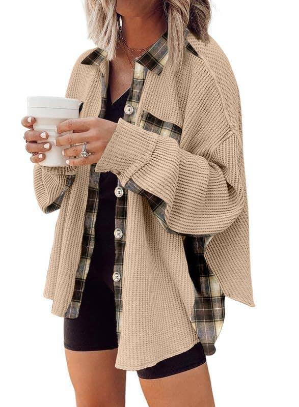Ladies Plaid Waffle Splice Botton Down Shirt 6832