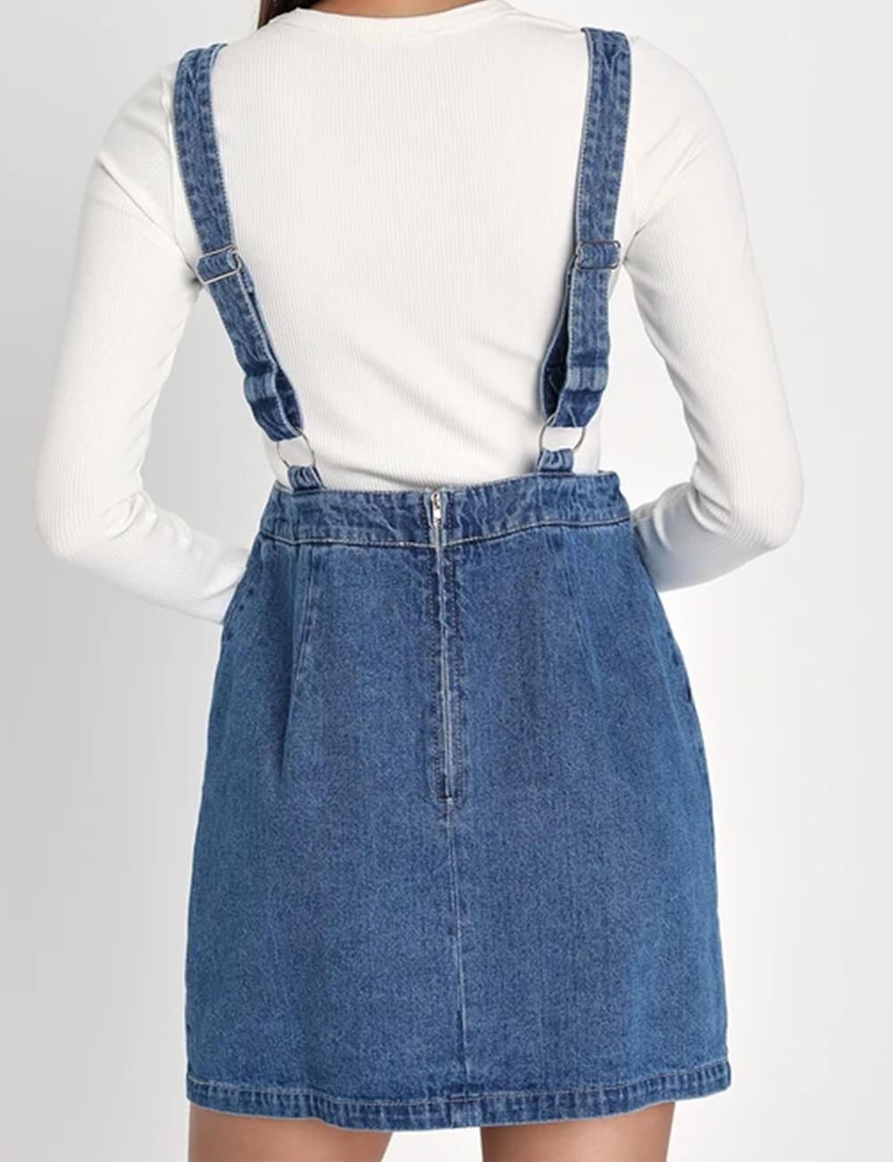 Ladies Pocket Denim Mini Overall Dress SKD547 - SWEETKAMA