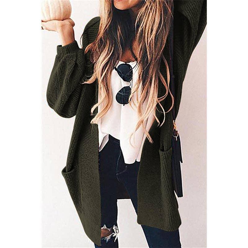 Ladies Pocket Solid Color Long Sleeves Cardigan HC3054 - SWEETKAMA