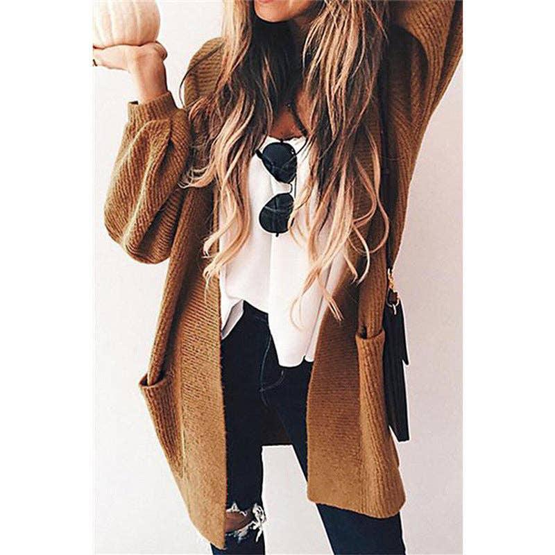 Ladies Pocket Solid Color Long Sleeves Cardigan HC3054 - SWEETKAMA