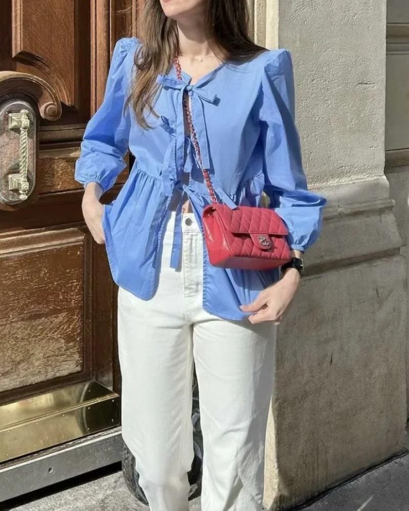 Ladies Puffed Long Sleeves Bowknot Blouse Top B88689 - SWEETKAMA