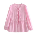 Ladies Puffed Long Sleeves Bowknot Blouse Top B88689 - SWEETKAMA