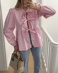 Ladies Puffed Long Sleeves Bowknot Blouse Top B88689 - SWEETKAMA