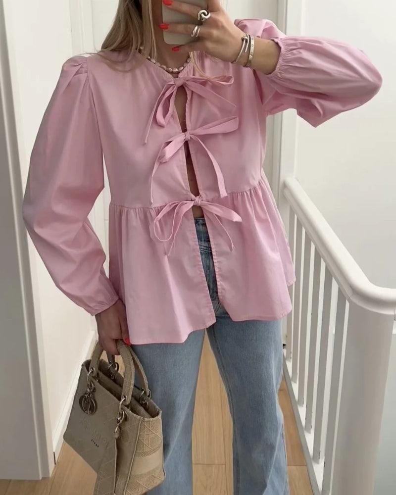 Ladies Puffed Long Sleeves Bowknot Blouse Top B88689 - SWEETKAMA