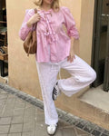 Ladies Puffed Long Sleeves Bowknot Blouse Top B88689 - SWEETKAMA