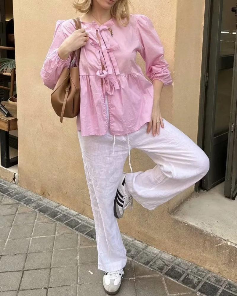 Ladies Puffed Long Sleeves Bowknot Blouse Top B88689 - SWEETKAMA