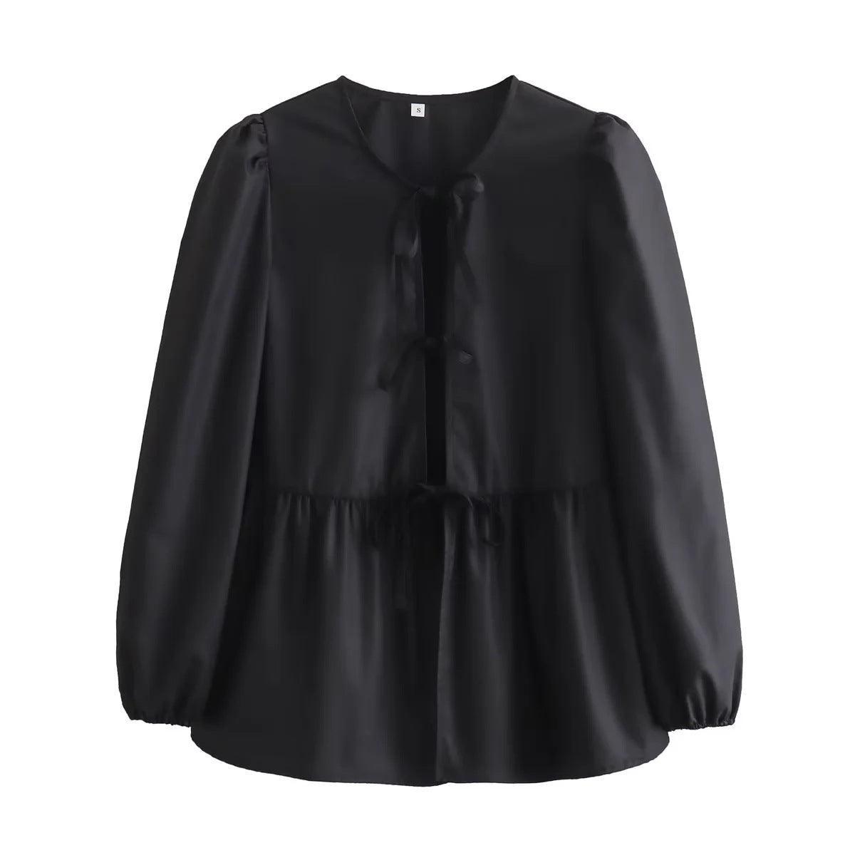 Ladies Puffed Long Sleeves Bowknot Blouse Top B88689 - SWEETKAMA