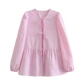 Ladies Puffed Long Sleeves Bowknot Blouse Top B88689 - SWEETKAMA