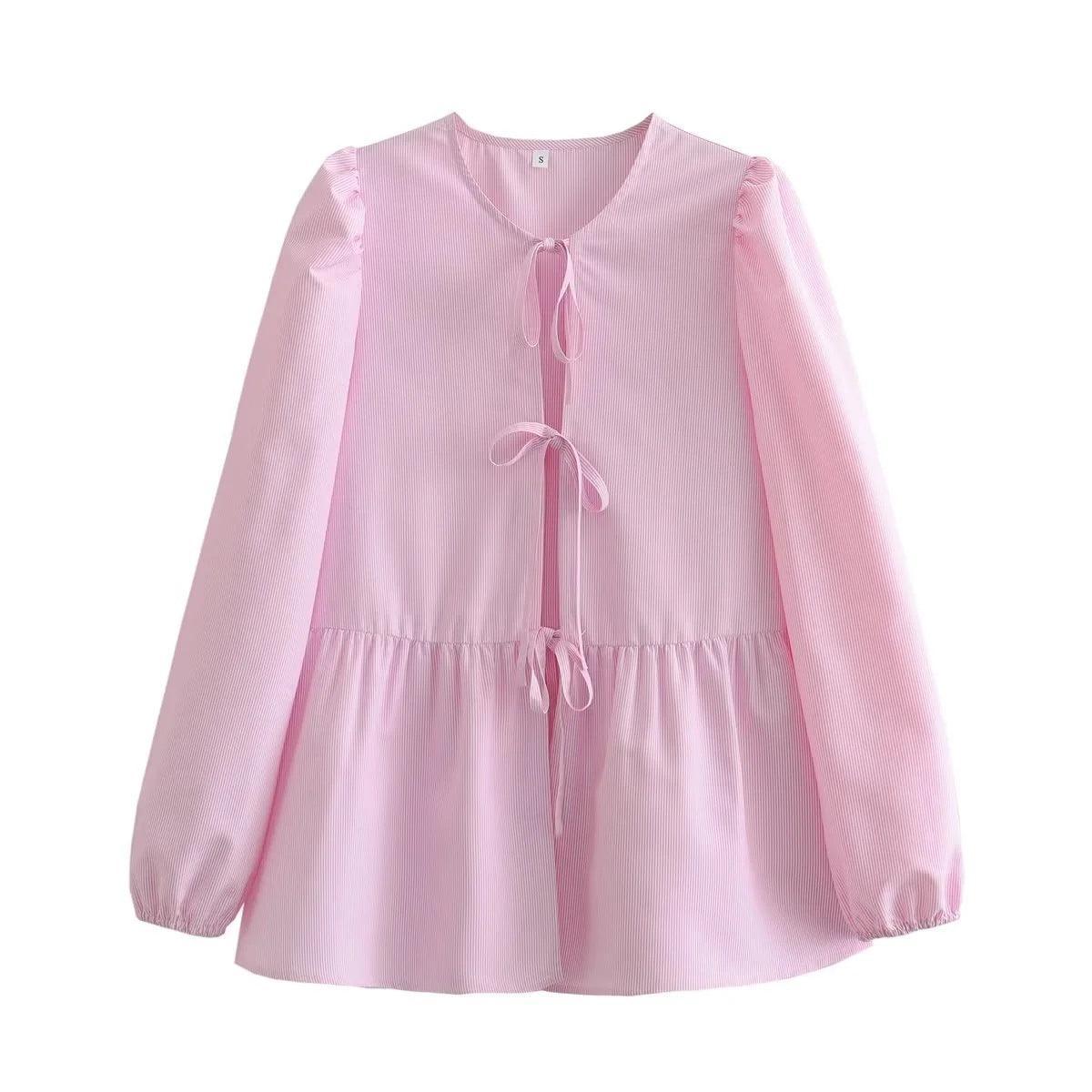 Ladies Puffed Long Sleeves Bowknot Blouse Top B88689 - SWEETKAMA