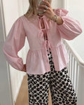 Ladies Puffed Long Sleeves Bowknot Blouse Top B88689 - SWEETKAMA