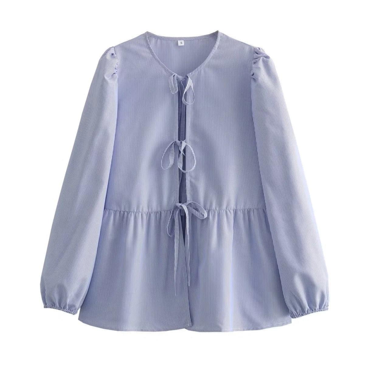 Ladies Puffed Long Sleeves Bowknot Blouse Top B88689 - SWEETKAMA