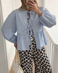 Ladies Puffed Long Sleeves Bowknot Blouse Top B88689 - SWEETKAMA