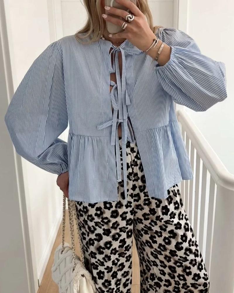 Ladies Puffed Long Sleeves Bowknot Blouse Top B88689 - SWEETKAMA
