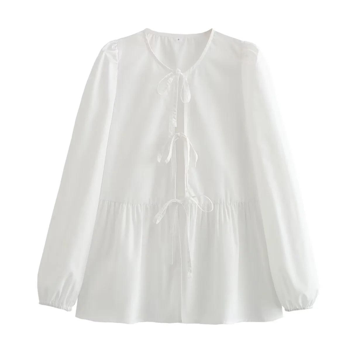 Ladies Puffed Long Sleeves Bowknot Blouse Top B88689 - SWEETKAMA