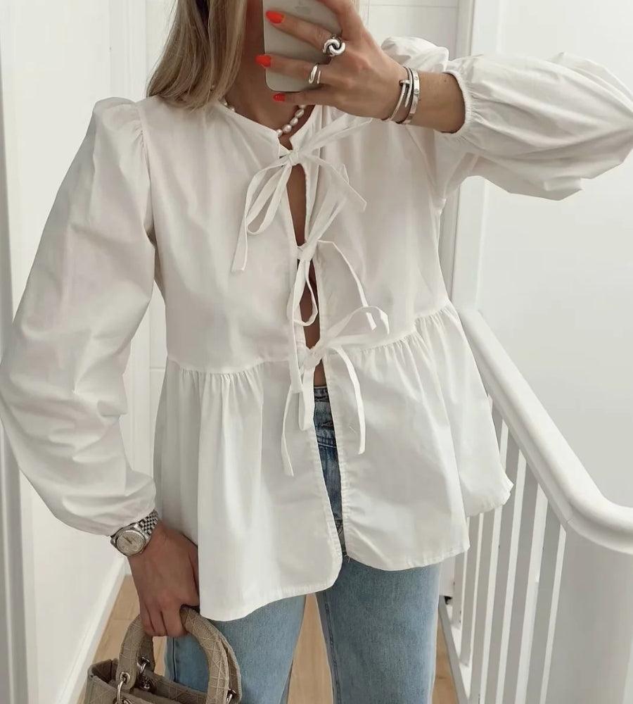 Ladies Puffed Long Sleeves Bowknot Blouse Top B88689 - SWEETKAMA