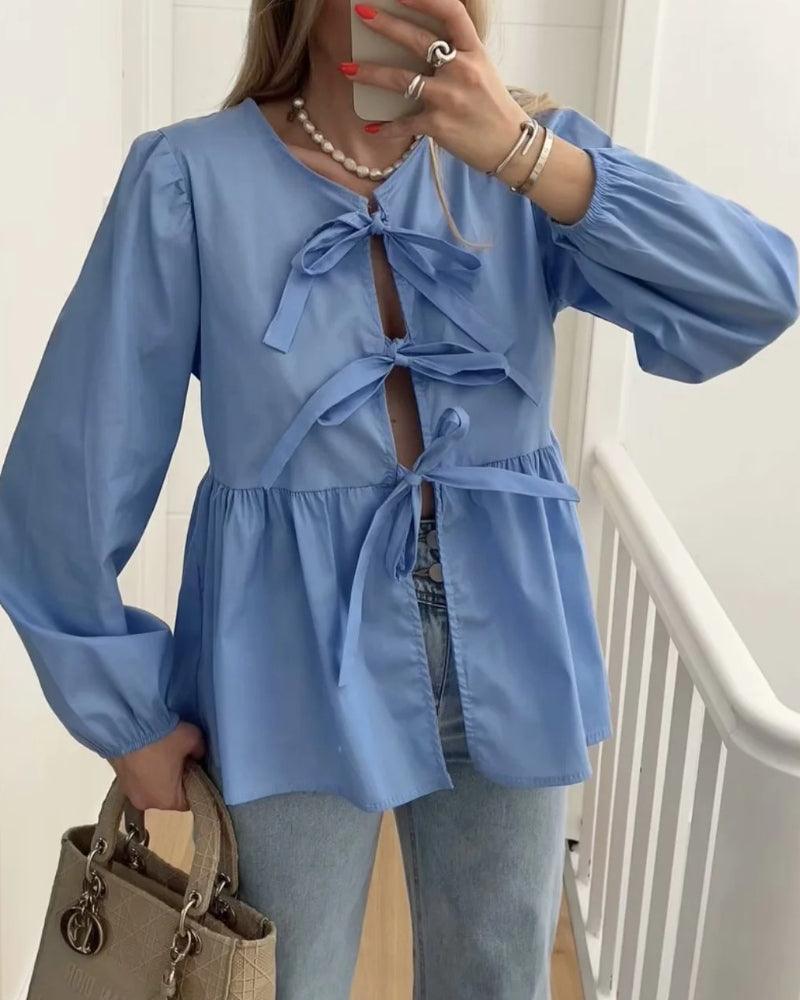 Ladies Puffed Long Sleeves Bowknot Blouse Top B88689 - SWEETKAMA