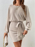 Ladies Ribbed Knit Belted Mini Dress G1023 - SWEETKAMA