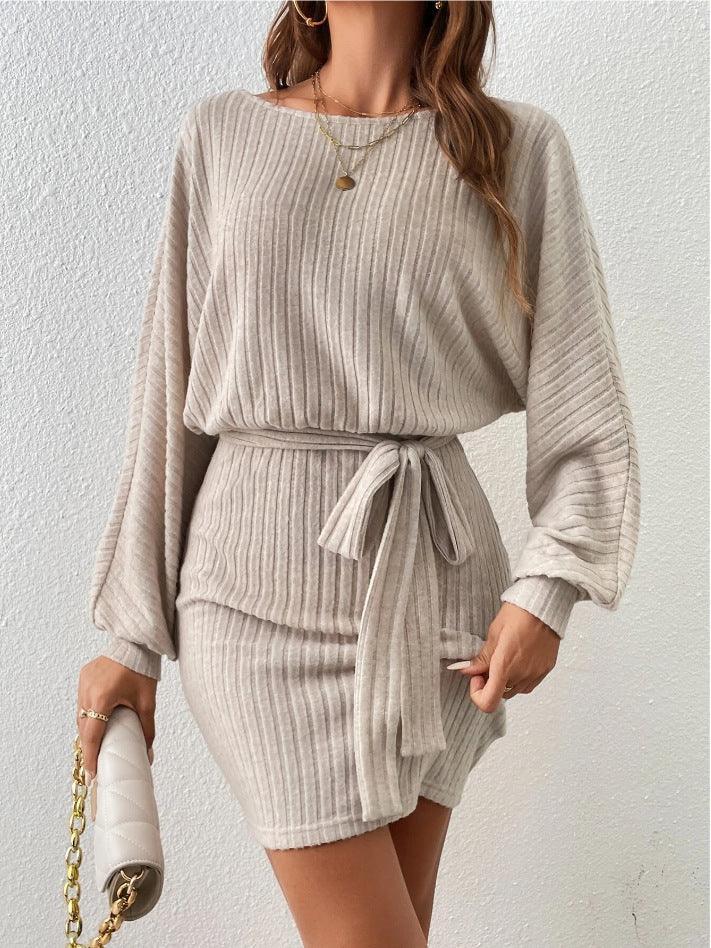 Ladies Ribbed Knit Belted Mini Dress G1023 - SWEETKAMA