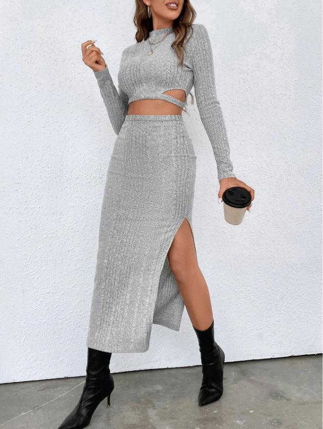 Ladies Ribbed Knit Crop Top and Skirt Sets G3003 - SWEETKAMA