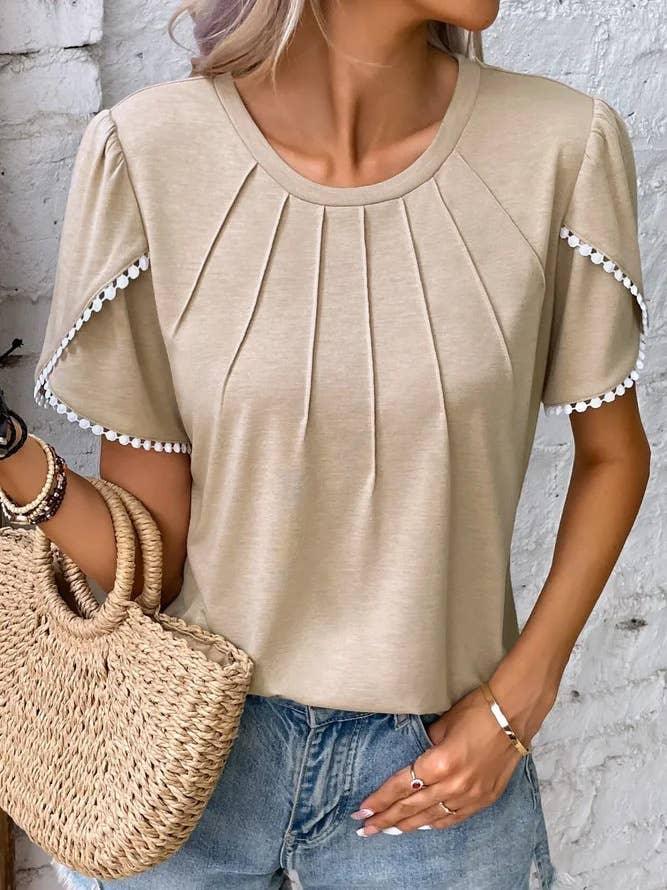 Ladies Round Neck Blouse Solid Color Blouse 2355 - SWEETKAMA