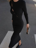 Ladies Round Neck Bodycon Hollow Out Midi Dress Z551 - SWEETKAMA