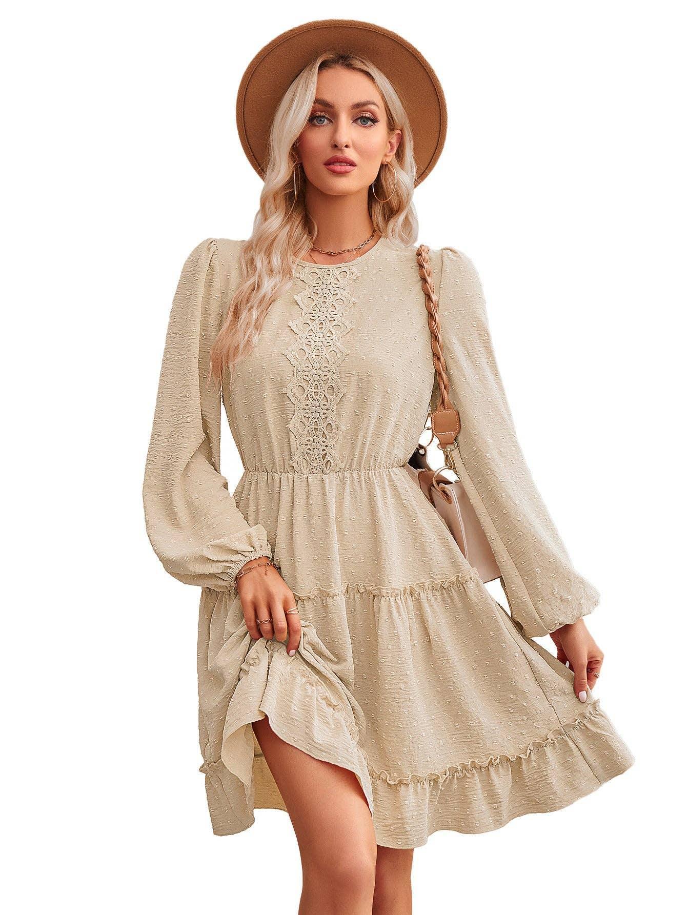 Ladies Round Neck Lace Daily Short Dress 233LQ53576-SN18 - SWEETKAMA