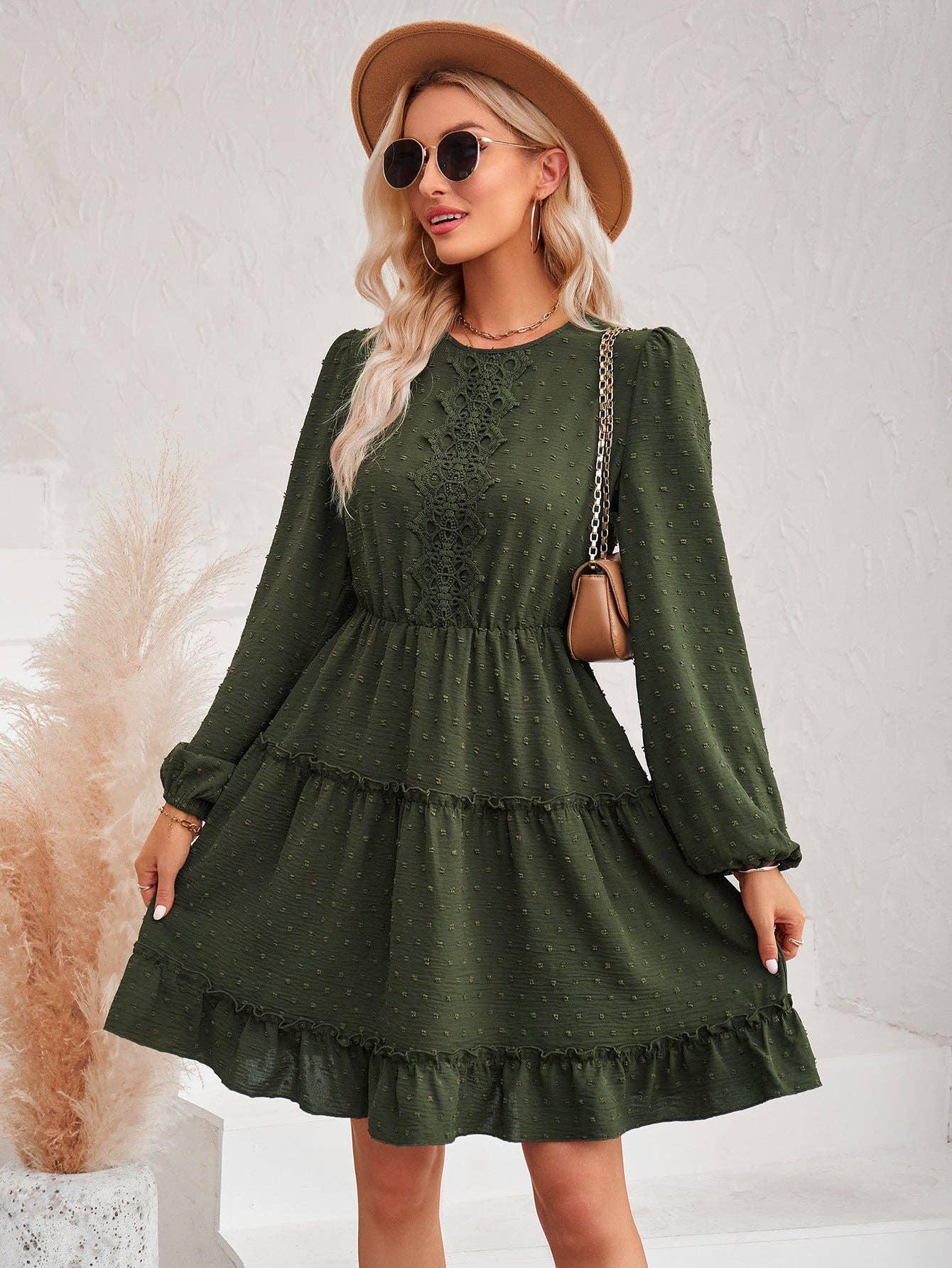 Ladies Round Neck Lace Daily Short Dress 233LQ53576-SN18 - SWEETKAMA