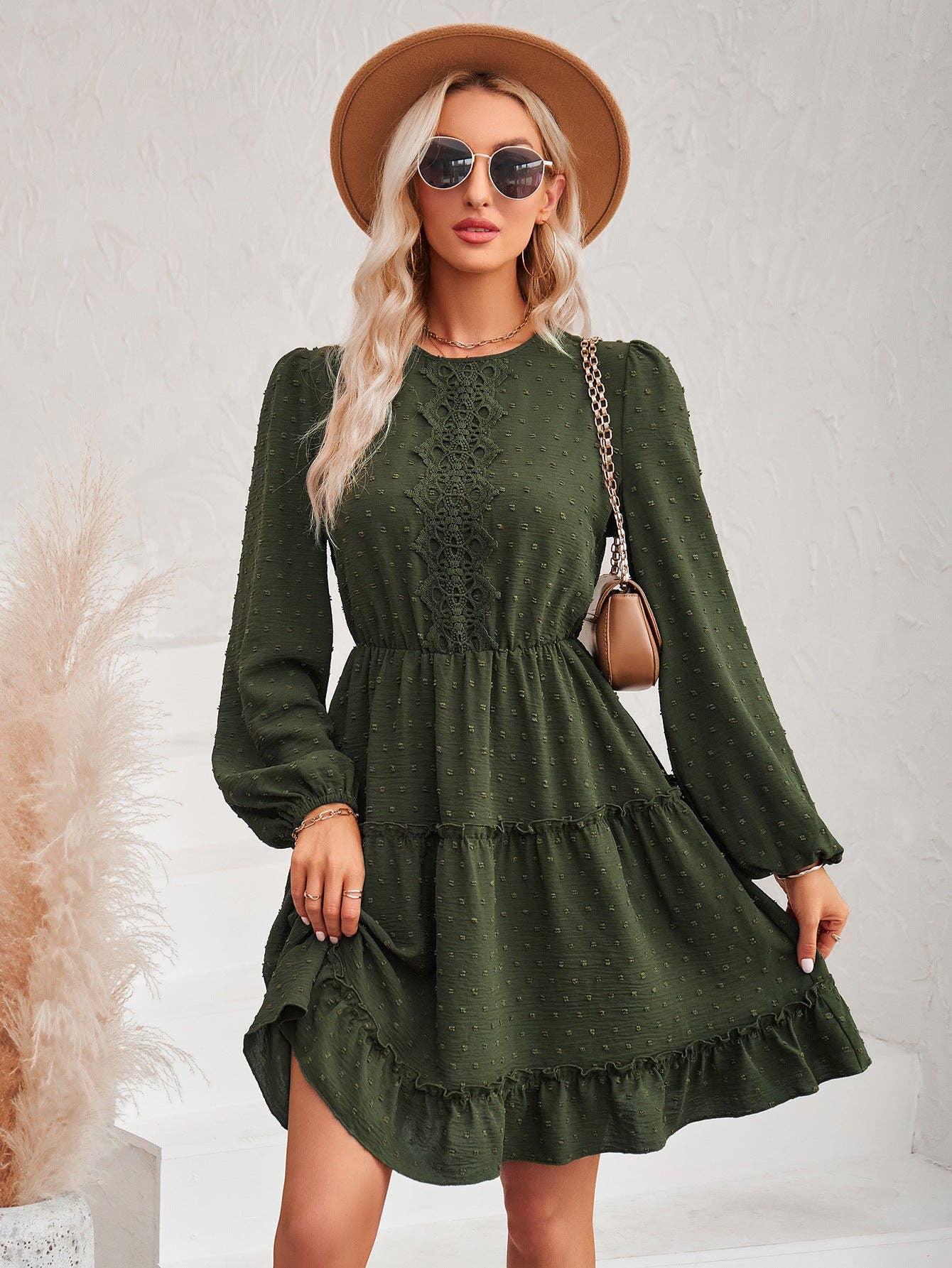 Ladies Round Neck Lace Daily Short Dress 233LQ53576-SN18 - SWEETKAMA