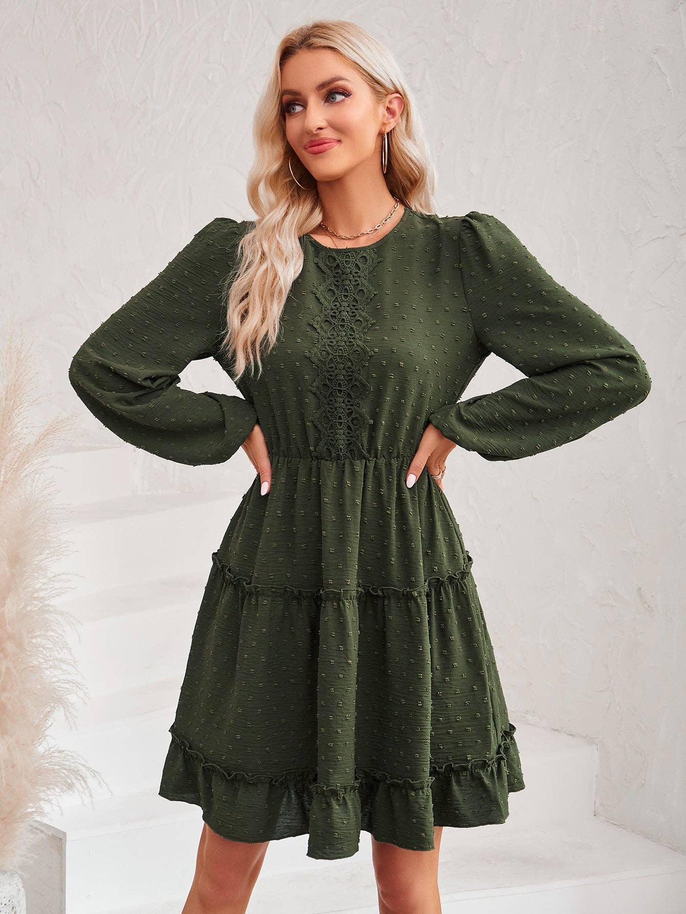 Ladies Round Neck Lace Daily Short Dress 233LQ53576-SN18 - SWEETKAMA